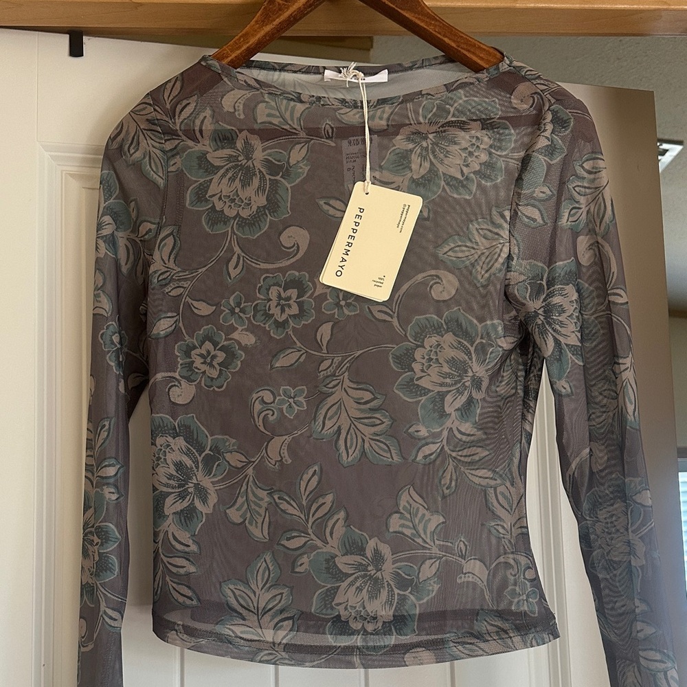 Peppermayo Floral Mesh Long Sleeve Top - Gray and Teal